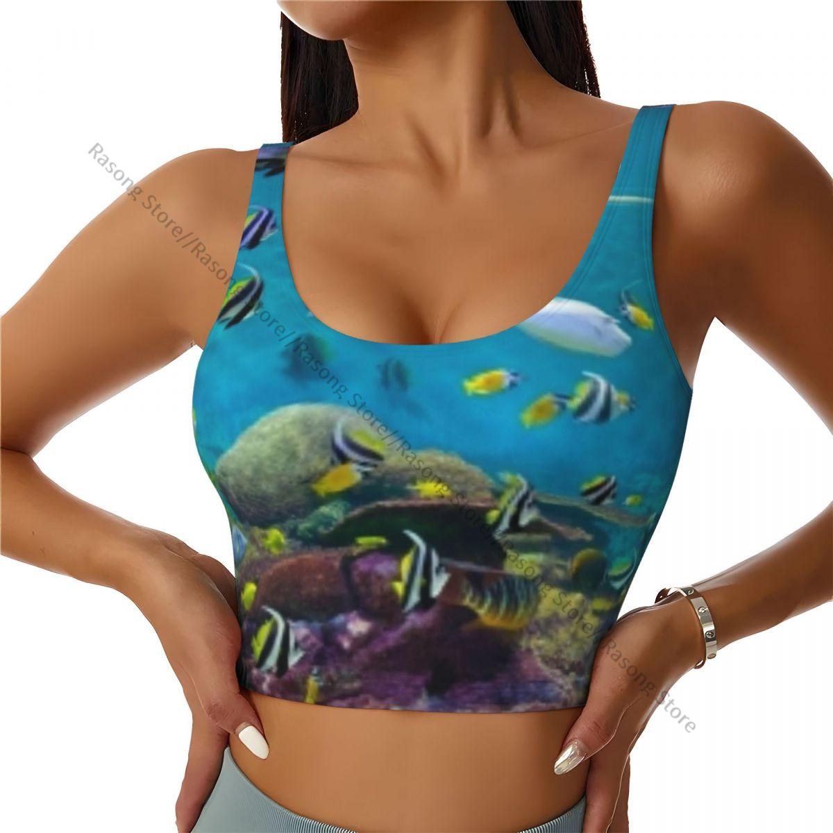 World Aquatic Sports - เสื้อชั้นในกีฬาสำหรับผู้หญิง เสื้อโยคะ เสื้อกล้าม ลายโลกใต้น้ำ ปะการัง ปลาแปลกใหม่