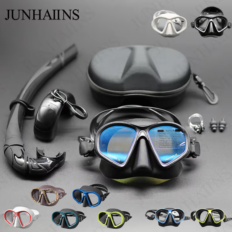 Freediving Mask Set - หน้ากากดำน้ำแบบกระจกนิรภัย JUNHAIINS รุ่นใหม่ ชุดดำน้ำตื้นพร้อมท่อหายใจแบบพับได้ หน้ากากดำน้ำแบบ J-type