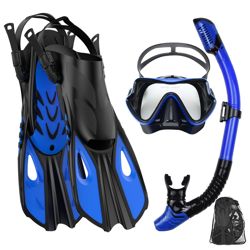 Freediving Mask Set - ชุดดำน้ำตื้น หน้ากากดำน้ำและสน็อกเกิล ครีบดำน้ำสำหรับผู้ใหญ่พร้อมดีไซน์แบบเปิดส้นเท้าที่ปรับได้ สำหรับการว่ายน้ำฟรีสไตล์แบบมืออาชีพ